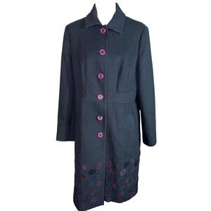 Boden women size 16 USA cashmere Wool Coat Navy Burgundy polka dot Embroidery